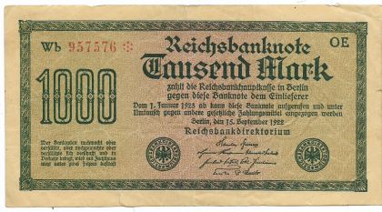 1,000  / 1922 / -76 b.1 / 1922 Reichsbanknote,   